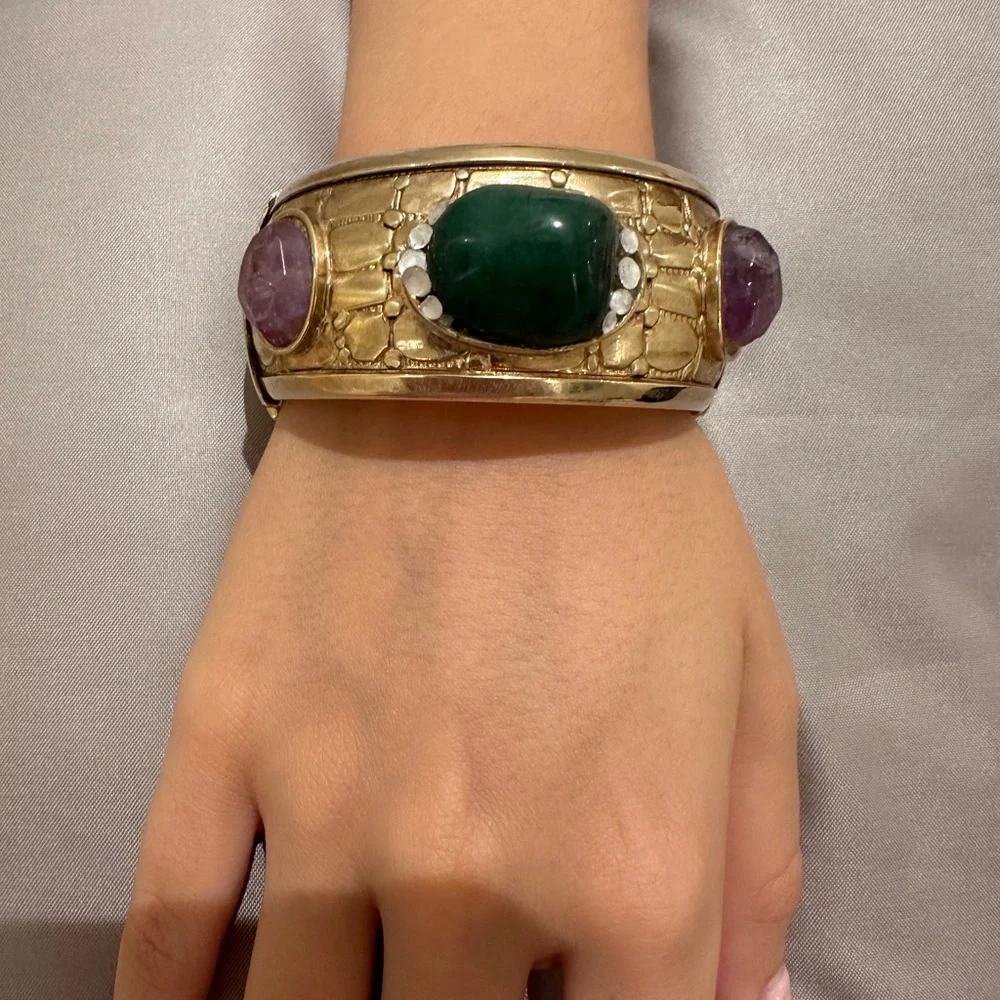 FABRIZIO GIANNONI Gold-Tone Cuff Bracelet with Green and Purple Stones